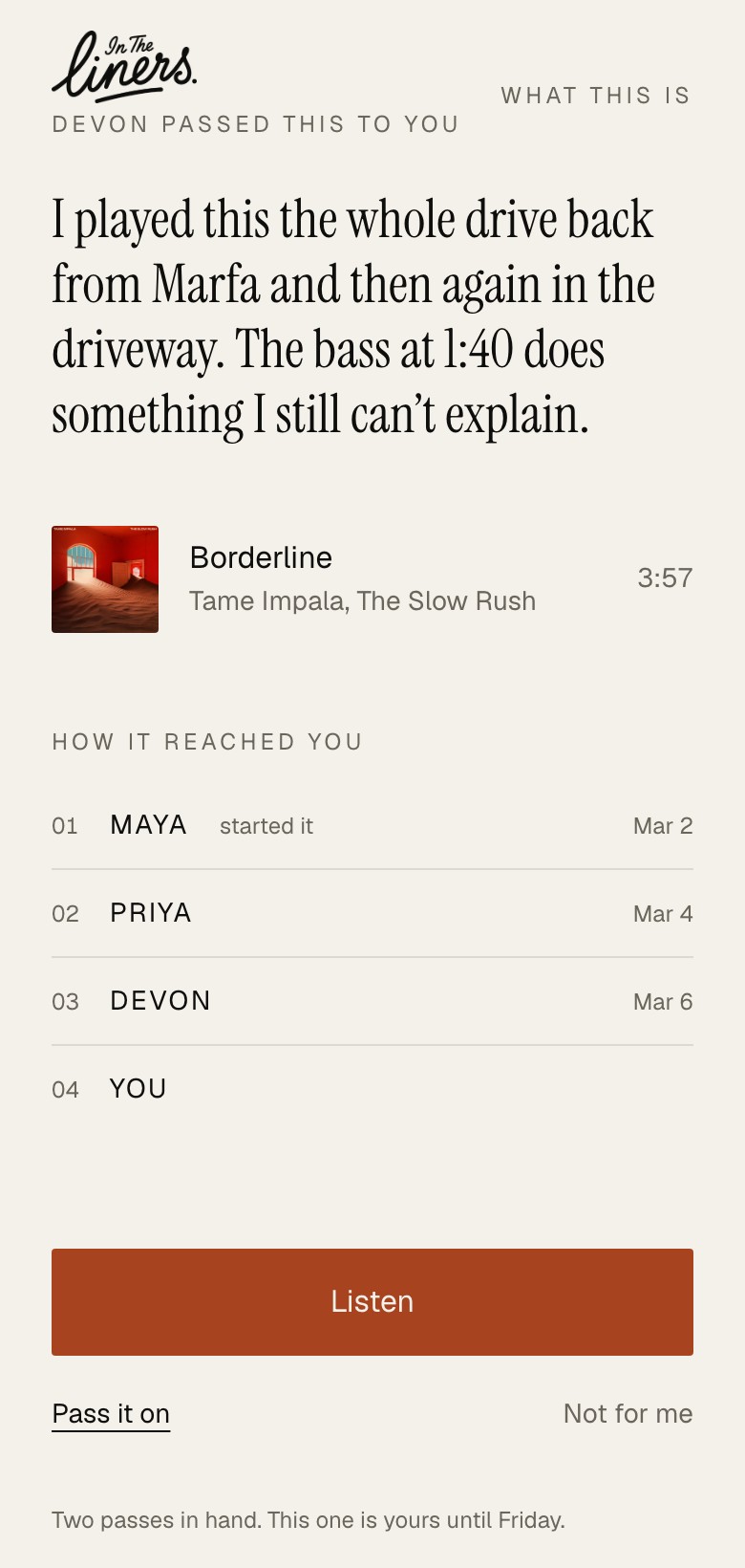 The receiving screen: a note in large serif type, the song below it, and the chain of people it passed through.